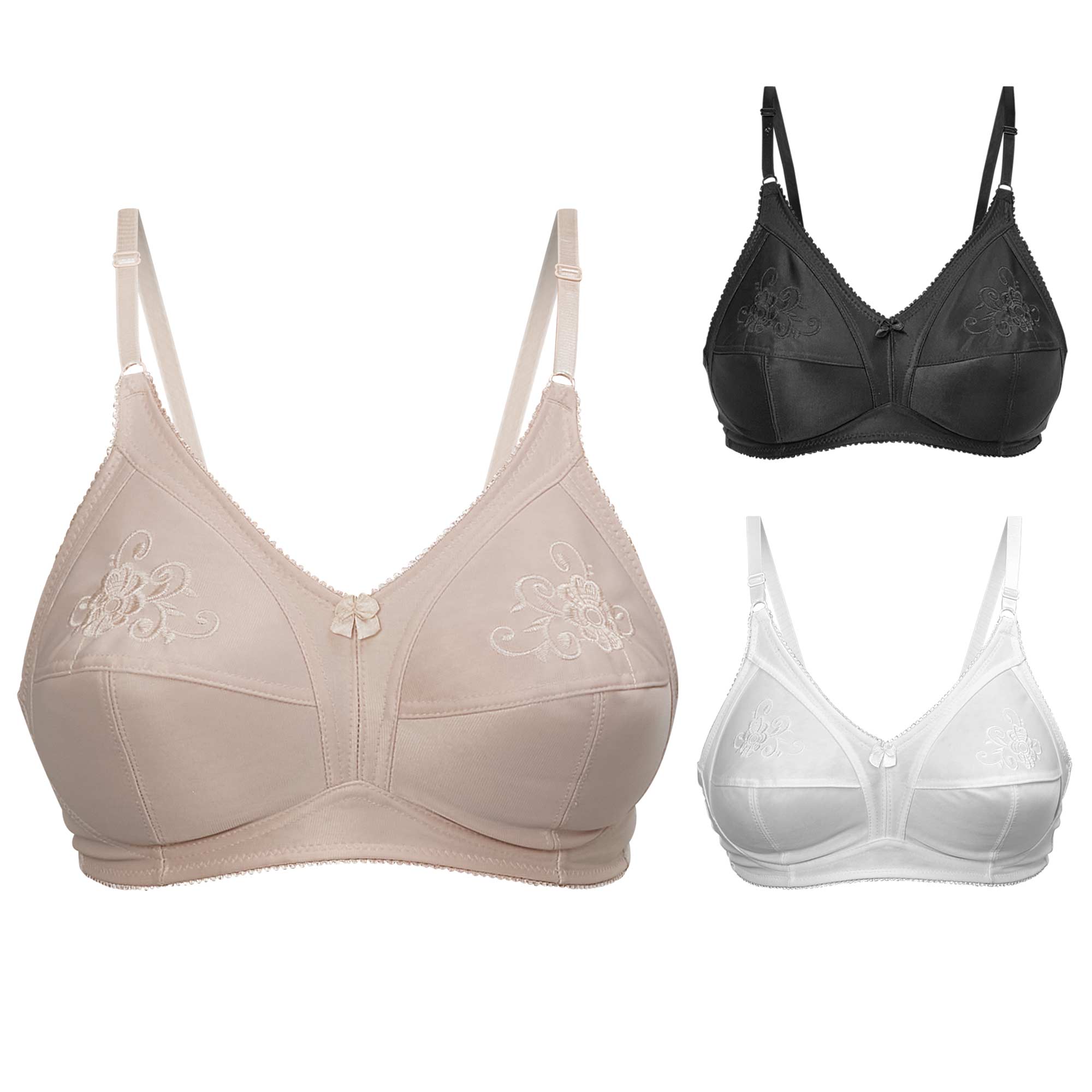 Embroidered Wireless Bras - 3 Pack